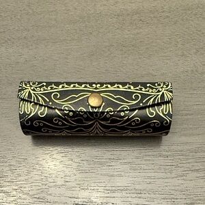 Vintage Italian Leather Lipstick Case Gold Tone Scroll Mirror Holder Vanity